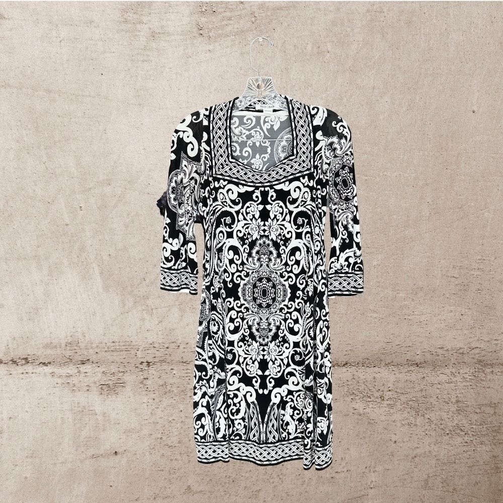 WHBM Black & White 3/4 Sleeve Square Neck Lightweight Pattern Midi-Knee Size XS - Picture 11 of 12
